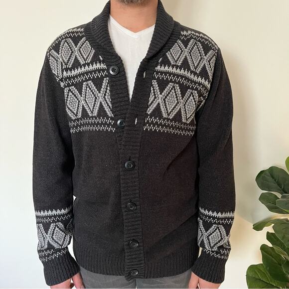 Urban Pipeline Cottagecore Knit Cardigan Men Large Dark Gray White Fair Isle - Picture 1 of 11